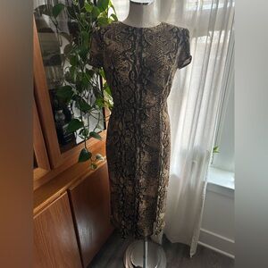 Vintage - 90s Snakeskin Print Midi Dress - Metallic Thread - Size S/M